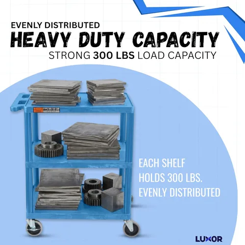 Miniatura 3 de Luxor HE34-BU Carrito utilitario – 3 estantes de plástico de espuma estructural, cuatro ruedas giratorias de 4", dos con freno de bloqueo, mango Azul