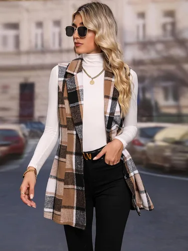 Miniatura 5 de GORGLITTER Chaleco sin mangas con botones y estampado a cuadros para mujer
