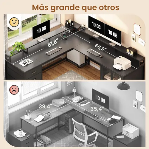 Miniatura 8 de SEDETA Escritorio para juegos en forma de L con 4 cajones, escritorio para computadora de 109 pulgadas con vitrina, escritorios de oficina en casa