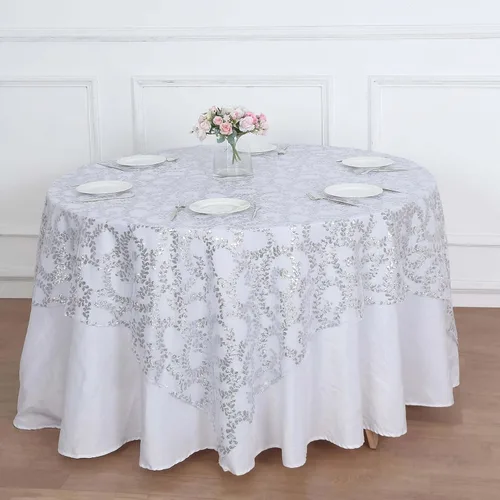 Miniatura 2 de Efavormart - Superposición de mesa de tul bordado de hojas de lentejuelas plateadas de 72 x 72 pulgadas, mantel cuadrado transparente Plateado