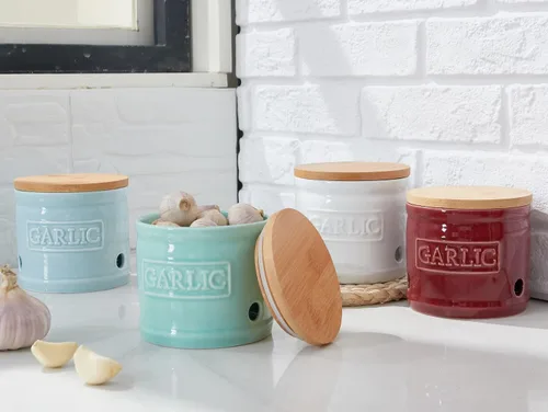 Miniatura 5 de ONEMORE Soporte de ajo con tapa, recipiente de cerámica para ajo de 4 pulgadas, rojo oscuro