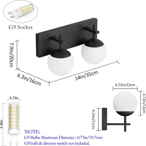 Miniatura 6 de Ralbay Lámpara de pared de baño negra mate, 2 luces, iluminación moderna de mediados de siglo, luz de tocador de globo de vidrio lechoso negro