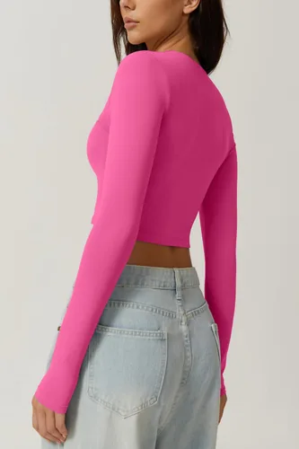Miniatura 4 de QINSEN Camiseta corta sexy de manga larga con cuello cuadrado para mujer