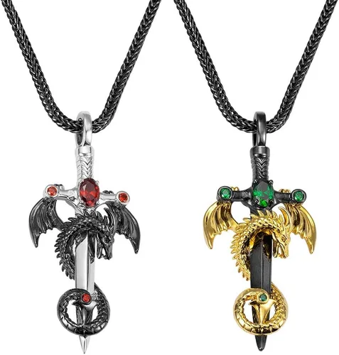 Collar de dragón vintage con piedras natales personalizadas en espada, regalo de joyería de aniversario para él y hombres, colgante punk para
