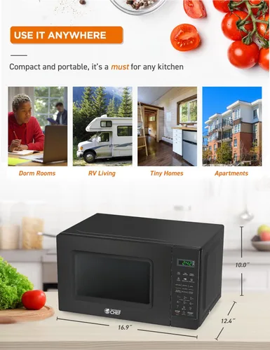 Miniatura 7 de Microondas Commercial CHEF de 0.7 pies cúbicos con 10 niveles de potencia, microondas de 700 W con pantalla digital, con cerradura de seguridad
