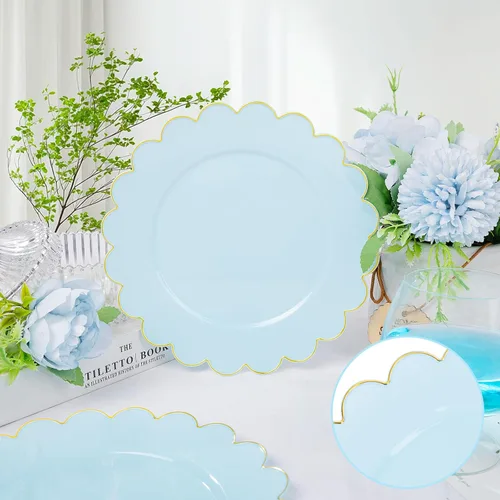 Miniatura 3 de LIYH - 100 platos de plástico azul, bordes festoneados de 7.5 pulgadas, platos desechables para postre/ensalada, color azul con borde dorado, platos
