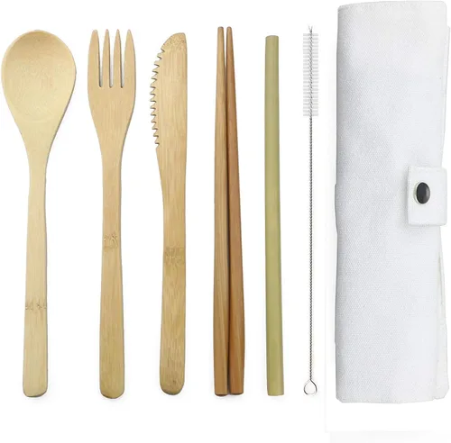 Miniatura 5 de JASHII Juego de cubiertos de bambú para viaje, incluye cuchillo reutilizable, tenedor, cuchara, palillos, popotes y cepillo (beige)