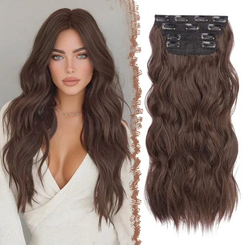 Miniatura 8 de FESHFEN Extensiones de cabello con clip - 4 piezas Extensiones de cabello sintético ondulado largo y grueso con clip para cabeza completa