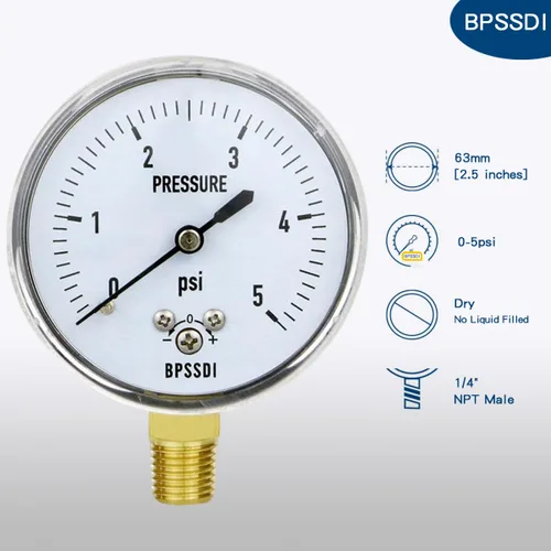 Miniatura 2 de Medidor de baja presión de 0-5 psi, medidor de cápsula con caja de acero inoxidable 304, tamaño de dial de 2.5", montaje inferior NPT de 1/4