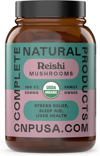 Complete Natural Products Cápsulas orgánicas de hongos Reishi, 250 mg, 100 unidades | Extracto corporal fructífero | A base de plantas | Soporte