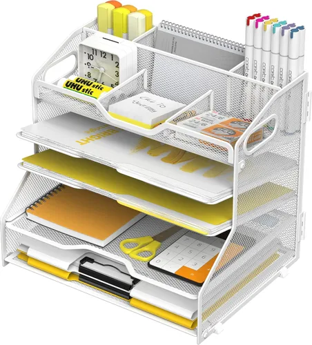 Miniatura 9 de YINGHUA Bandeja organizadora de cartas de papel de 5 niveles con 6 compartimentos ajustables superiores y soporte para archivos, clasificador de 5