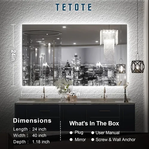 Miniatura 5 de TETOTE - Espejo retroiluminado para baño con luz, botón táctil regulable y función antivaho (horizontal o vertical)