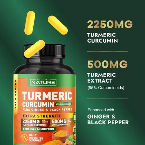 Miniatura 3 de Built by Nature Curcumina de cúrcuma de 2250 mg – 95% curcuminoides con jengibre y pimienta negra para alta absorción – Soporte articular extra