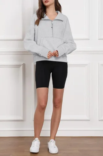 Miniatura 5 de Trendy Queen Sudadera corta con cremallera media para mujer, sudadera con capucha de forro polar con cremallera de un cuarto, suéter de invierno