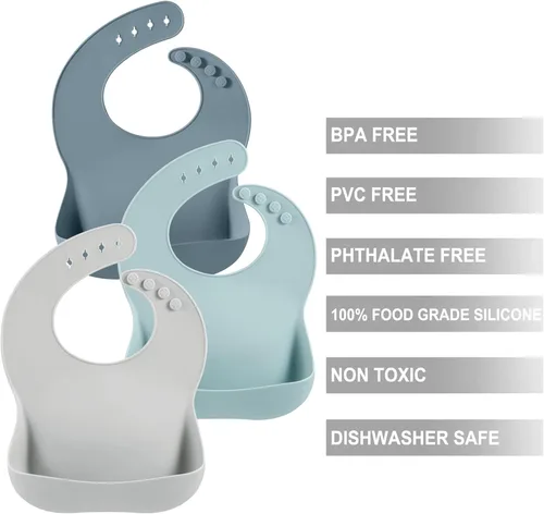 Miniatura 3 de PandaEar Paquete de 3 baberos de silicona para niños y niñas para bebés y niños pequeños, babero de alimentación impermeable con recogedor de Azul
