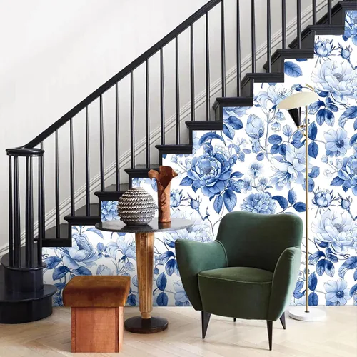 Miniatura 5 de Papel tapiz azul vintage elegante floral autoadhesivo para despegar y pegar, papel de contacto con hojas de peonía botánicas de acuarela blanca