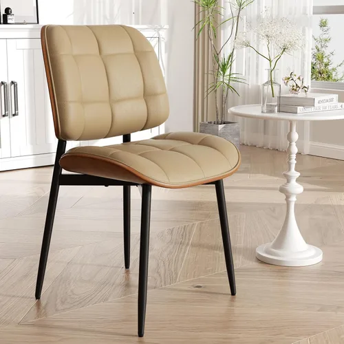 Miniatura 32 de Silla de comedor, moderna de mediados de siglo con cojín grueso, sillas de cocina tapizadas de piel sintética con respaldo de madera curvada de Beige