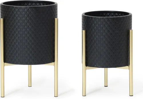 LuxenHome - Juego de 2 macetas redondas de metal con patrón de diamante, maceta negra con soportes dorados, juego de 2 macetas de interior, maceta