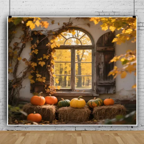 Miniatura 6 de Fondo de fotos de ventana de otoño de 7 x 5 pies, paisaje de bosque de otoño, hojas de arce, cosecha de calabaza, fondo de fotografía, tema