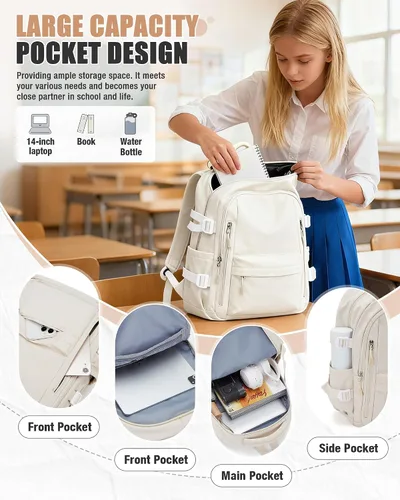 Miniatura 4 de BOXSAM Mochila ligera para mujer, mochila grande de viaje para laptop, mochila informal para la universidad, mochila para hombres, color beige