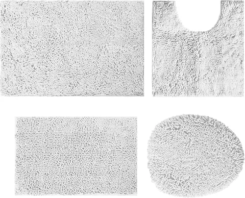 Miniatura 15 de Juego de 4 tapetes de baño de chenilla, tapete de baño de felpilla con parte inferior antideslizante de PVC, juego de alfombras de baño de absorción