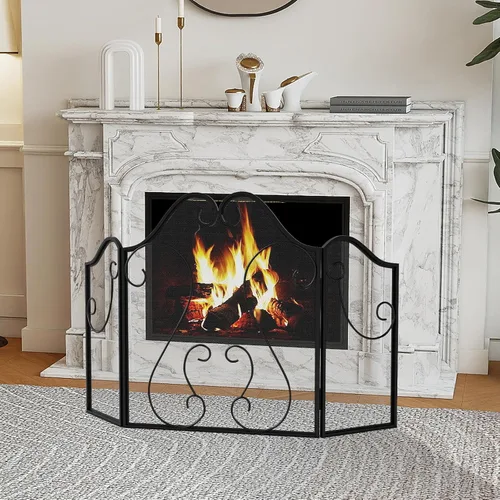 Miniatura 2 de Tangkula Pantalla de chimenea de 3 paneles, cubierta plegable de protección contra chispas con pergamino decorativo, puerta de chimenea