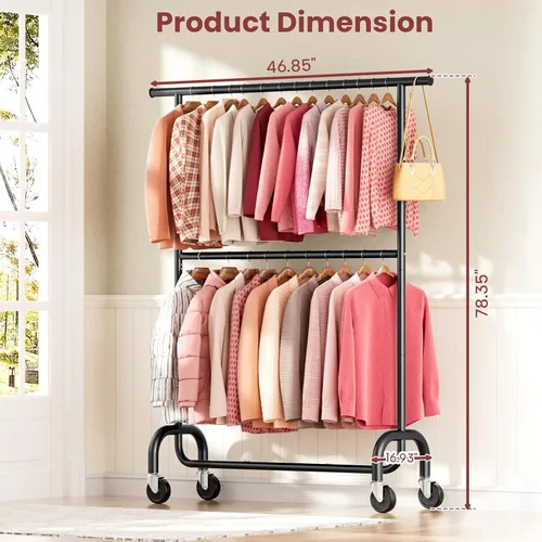 Miniatura 2 de Perchero resistente para dormitorio, perchero con ruedas de altura ajustable de 6 niveles, ruedas con bloqueo, perchero portátil para sala de estar