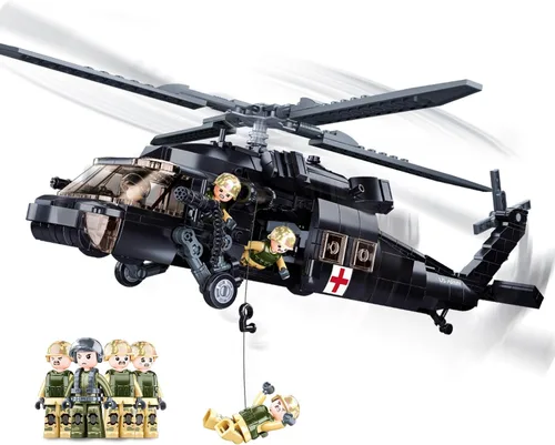 UH-60 - Juego de construcción de helicóptero utilitario negro para adultos, compatible con aviones militares Lego, kit de modelo de avión Hawk con 4
