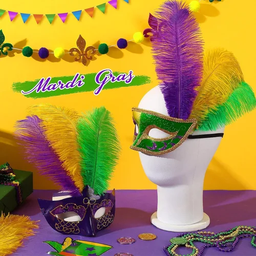 Miniatura 7 de MARFOREVER Plumas de Mardi Gras para manualidades y centros de mesa, paquete de 24, 10-12 pulgadas, plumas naturales verdes doradas y moradas