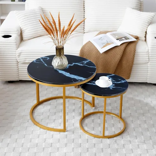 Miniatura 31 de Juego de 2 mesas auxiliares anidables para sala de estar, juego de mesa auxiliar redonda moderno, mesa auxiliar circular de madera y muebles Negro