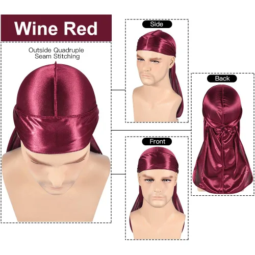 Miniatura 9 de Paquete de 3 piezas de durags sedosas para ondas de hombres, de regalo 1 gorra para marcar las ondas, talla única
