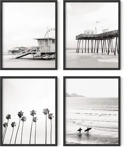 HAUS AND HUES Arte de pared de playa en blanco y negro, juego de 4 pósteres con temática oceánica, decoración de playa minimalista costera, arte de