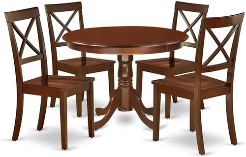 Miniatura 7 de East West Furniture HLBO3-CAP-W Juego de mesa de comedor moderno de 3 piezas contiene una mesa redonda de madera con pedestal y 2 sillas de comedor