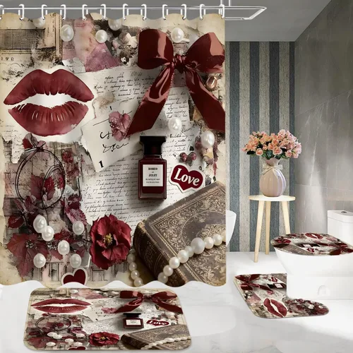 Miniatura 4 de DDQQ Juego de 4 cortinas de ducha sexy para mujer, con lazo de perlas, juego de decoración de baño de flores rojas a la moda, juego de cortinas