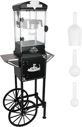 Miniatura 18 de Máquina de palomitas de maíz con carrito, con ruedas, cuchara de aceite de acero inoxidable, carrito móvil con taquillas para cine en casa Negro