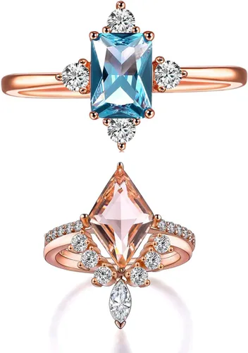 LAZLUVU 2 juegos de anillos de compromiso tamaño 6, anillos de topacio azul, anillos de promesa de circonita cúbica para mujeres y niñas, anillos de