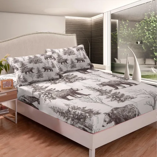 Miniatura 4 de Juego de ropa de cama de oso tamaño individual con diseño de osos y ramas de árbol genealógico, sábana bajera ajustable con diseño de árboles