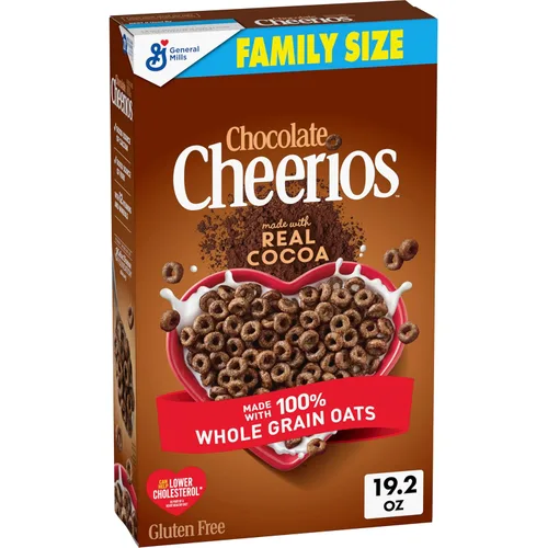 Chocolate Cheerios, Cereal de desayuno sin gluten saludable para el corazón, hecho con avena de grano entero, tamaño familiar, 19.2 onzas