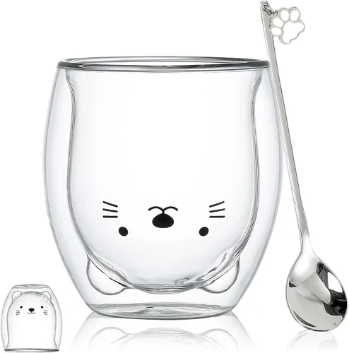 Miniatura 13 de Binoster Tazas Lindas de Oso Kawaii de Vidrio de Doble Pared para Café y Té, Taza de Yogur Divertida, Regalo Novedoso para Mujeres, Sus Amigas
