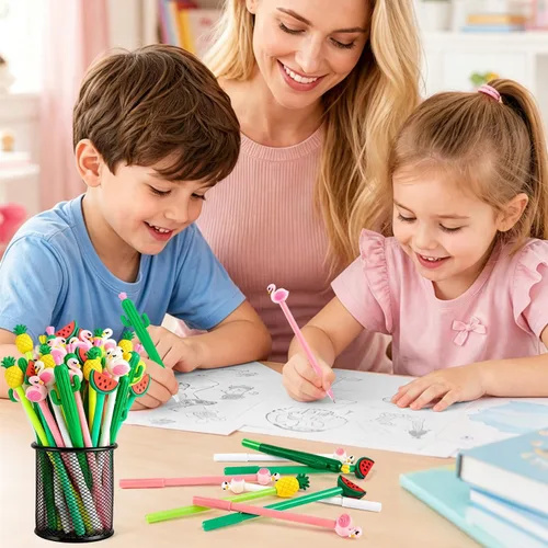 Miniatura 7 de 30 bolígrafos hawaianos Luau de tinta de gel negra de 0.020 in, lindo flamenco, sandía, cactus, piña, fruta para niños, estudiantes y suministros