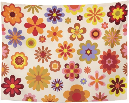TOMPOP Tapiz verde 1960 flores vintage 60S 70S naranja hippie decoración del hogar colgante de pared para sala de estar, dormitorio, dormitorio, 50