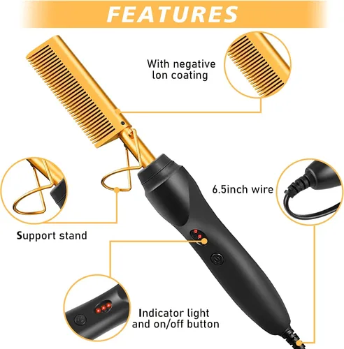 Miniatura 2 de Peine Caliente Eléctrico Alisador de Cabello, Peine de Alisado Eléctrico de Lujo para Rizos y Alisado de Extensiones Naturales de Cabello Negro