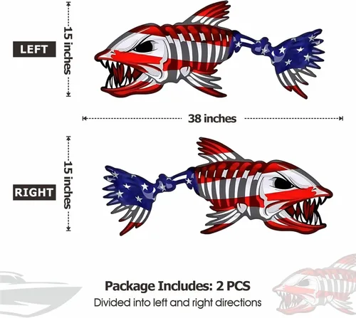 Miniatura 2 de Calcomanías de pez esqueleto de barco de tamaño grande de 15 pulgadas de ancho x 38 pulgadas de largo, calcomanía de pesca con bandera de Estados