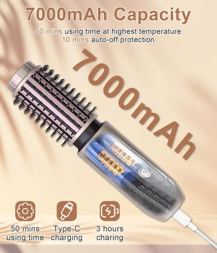 Miniatura 8 de Cepillo de rizador, rizador de pelo inalámbrico de 1.5 pulgadas, cepillo 3 en 1, peine alisador de pelo recargable, 7000 mAh portátil iónico