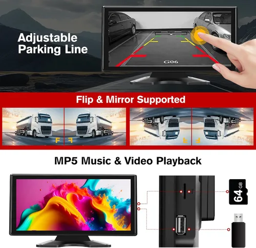 Miniatura 8 de Sistema de cámara de respaldo con 4 cables para camión RV, monitor de pantalla táctil de 10.36 pulgadas con 4 cámaras 1080P, alerta BSD inteligente