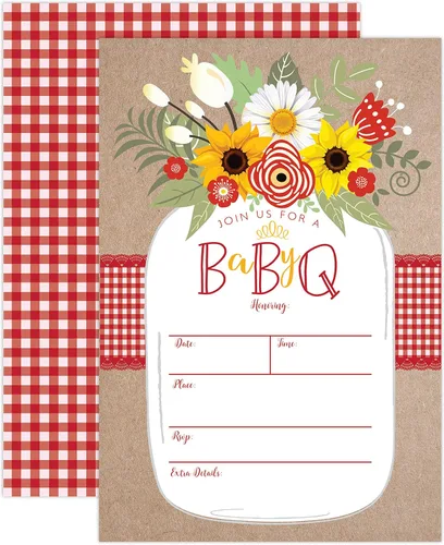 Your Main Event Prints Invitación Baby BBQ – Invitación de Baby Shower – Invitación de verano Baby Q – Tarro Mason Floral – 20 invitaciones de
