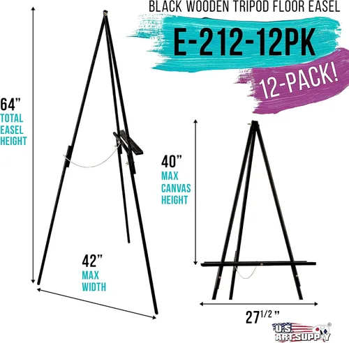 Miniatura 2 de U.S. Art Supply Soporte de caballete de madera negro de 64 pulgadas (paquete de 12) – Trípode ajustable con marco en A para pintar, dibujar