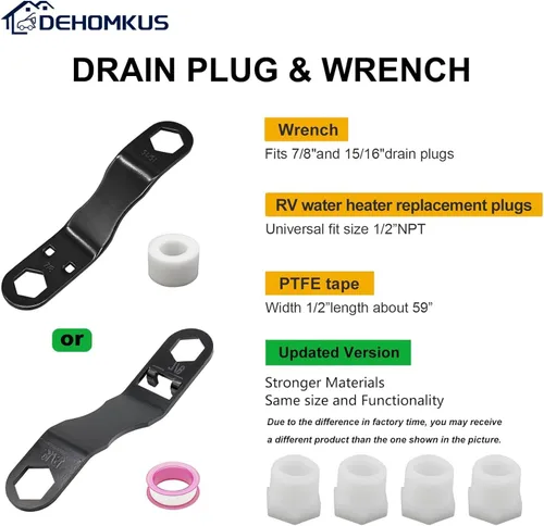 Miniatura 2 de Kit de tapón de drenaje para calentador de agua para caravana, incluye 1 llave en ángulo, 4 tapones de repuesto NPT de 1/2 pulgada y 1 rollo
