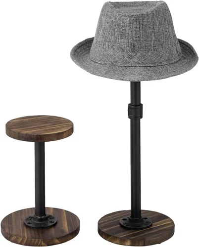 Miniatura 11 de MyGift 2 soportes para sombreros, perchero para sombreros de vaquero, organizador de gorra de béisbol con tubo de metal industrial, peluca o Madera