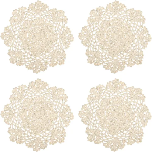 Miniatura 8 de kilofly Juego de manteles individuales de encaje de algodón de ganchillo, 4 unidades, beige, floral, 7 pulgadas